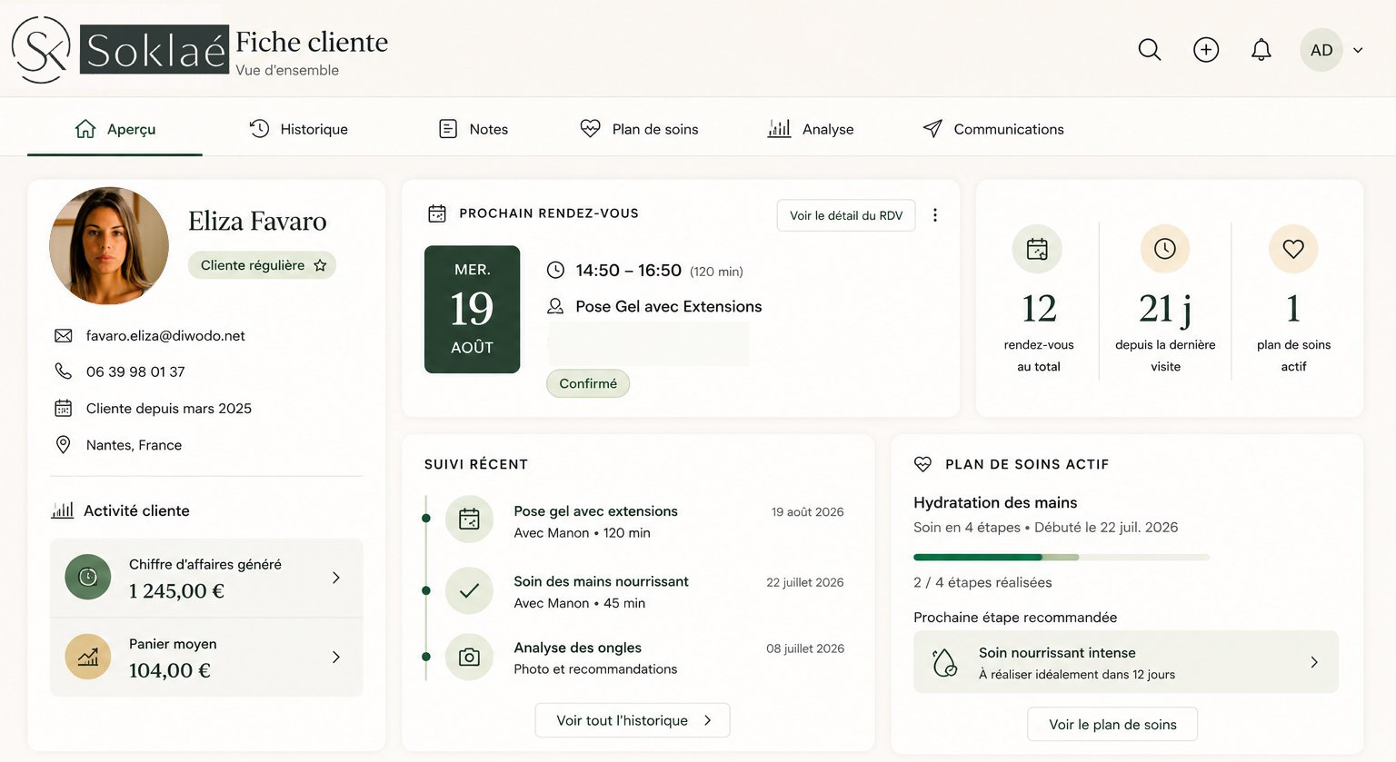 Fiche client Soklaé avec historique et suivi